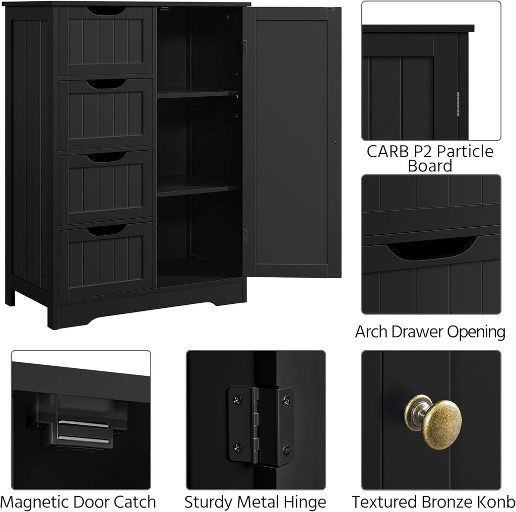 Yaheetech Wooden Storage Cabinet, Bathroom Storage Organizer with 4 Drawers & 1 Cupboard, Freestanding Cabinet Table for Bathroom, Entrance Area, Kitchen, Black