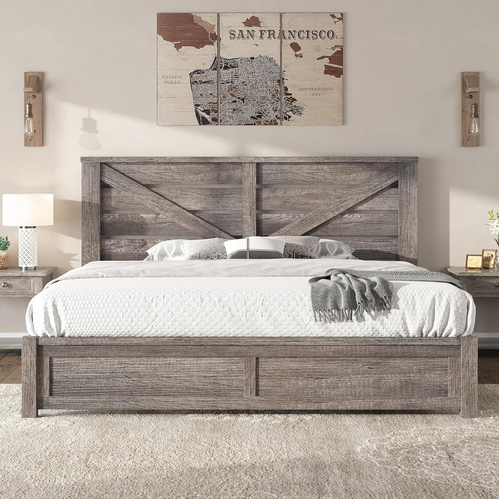 AMERLIFE King Size Farmhouse Bed Frame with 49.2" Barn Door Headboard, Platform Bed Frame with Wood Slats, Under Bed Storage Space, Easy Assembly, Noisy Free, Rustic Gray