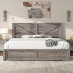 AMERLIFE King Size Farmhouse Bed Frame with 49.2" Barn Door Headboard, Platform Bed Frame with Wood Slats, Under Bed Storage Space, Easy Assembly, Noisy Free, Rustic Gray