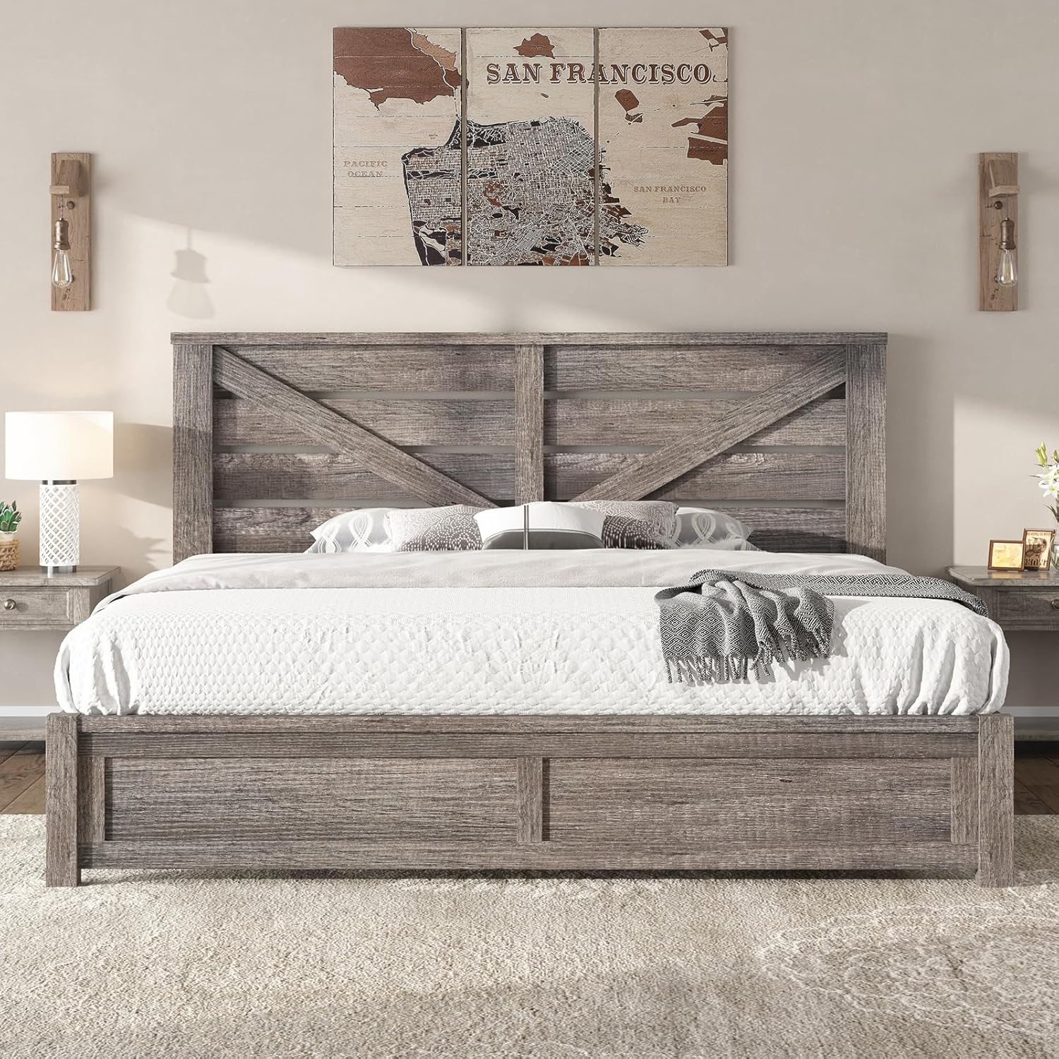 AMERLIFE King Size Farmhouse Bed Frame with 49.2" Barn Door Headboard, Platform Bed Frame with Wood Slats, Under Bed Storage Space, Easy Assembly, Noisy Free, Rustic Gray