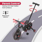 JMMD 6 in 1 Toddler Bike with Push Handle for Kids 18-60 Months, 12" Foldable Balance Bike with Training Wheels, Pedals, Brakes, Kickstand, Push Tricycle Toddler Gift & Toys for Boy & Girl