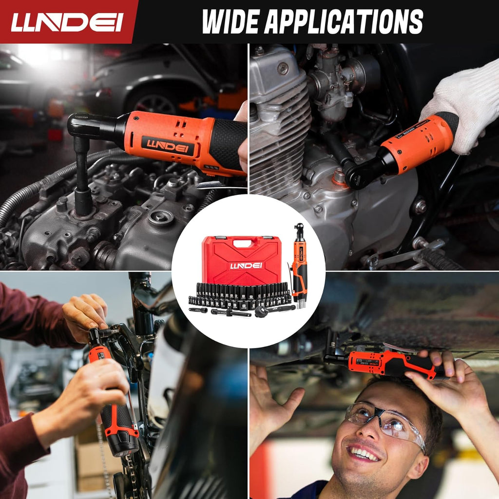 LLNDEI 3/8" 58Pcs Cordless Electric Ratchet Wrench Set with Socket Set,12V High Capacity Electric Wrench(40FT-LBS(55N.M)) with Adjustable Speed, LED Light for Battery.