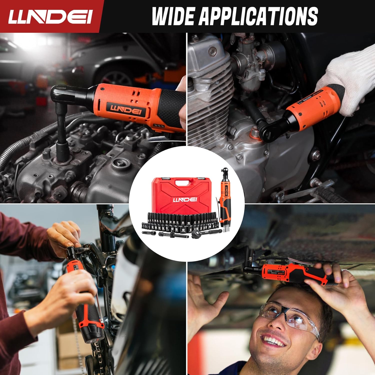 LLNDEI 3/8" 58Pcs Cordless Electric Ratchet Wrench Set with Socket Set,12V High Capacity Electric Wrench(40FT-LBS(55N.M)) with Adjustable Speed, LED Light for Battery.