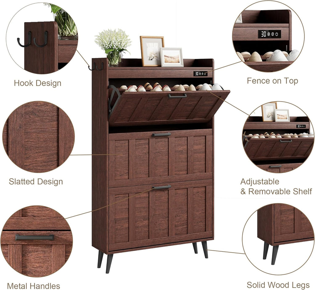 ChooChoo Shoe Storage Cabinet with 3 Flip Drawers, Deodorizing Shoe Organizer Storage for Entryway, Freestanding Hidden Slim Narrow Shoe Rack Cabinet, Walnut