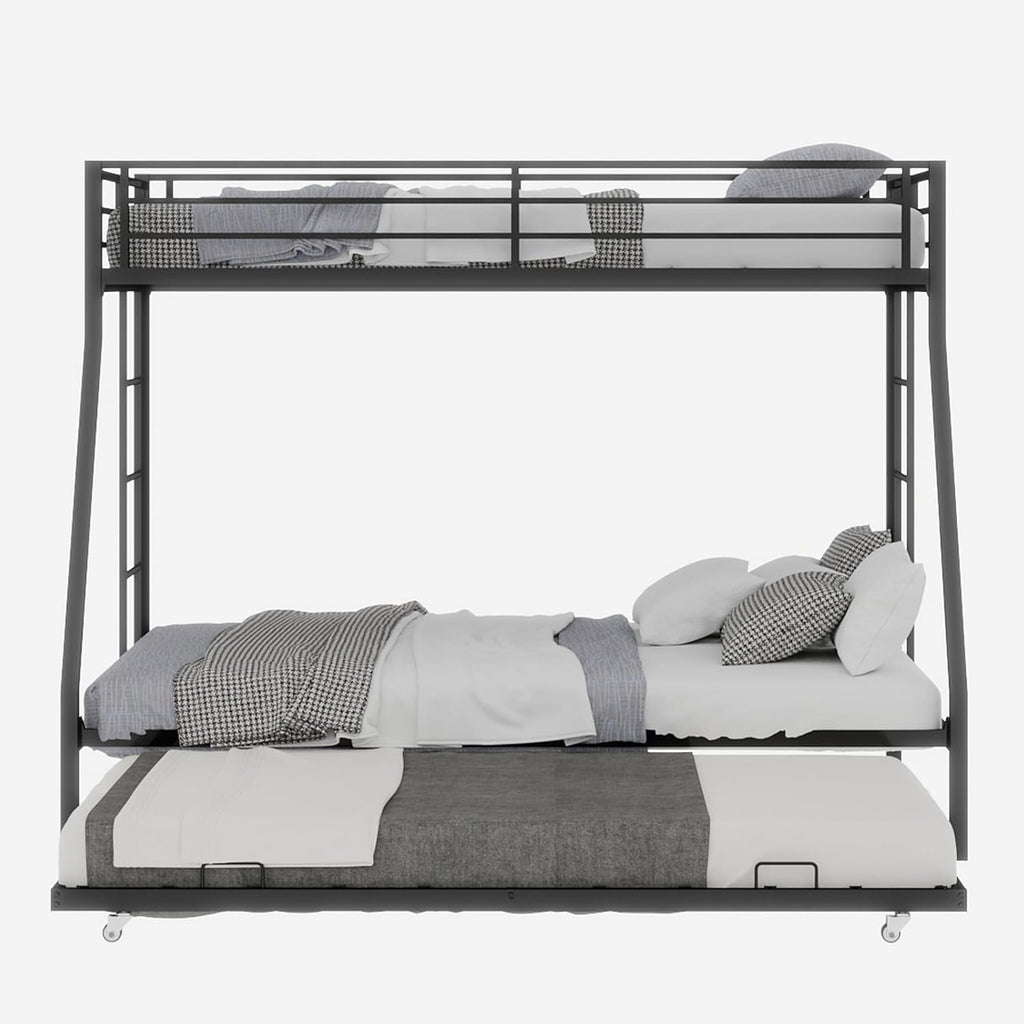 Twin XL Over Queen Bunk Bed with Trundle, Heavy Duty Metal Bunk Bed Frame with 2 Ladders and Full-Length Guardrail, Space-Saving Bunk Beds for Kids Teens Adults, No Box Spring Needed, Black