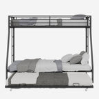 Twin XL Over Queen Bunk Bed with Trundle, Heavy Duty Metal Bunk Bed Frame with 2 Ladders and Full-Length Guardrail, Space-Saving Bunk Beds for Kids Teens Adults, No Box Spring Needed, Black