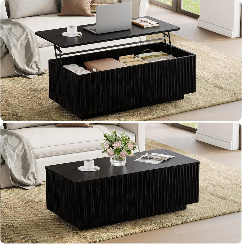 FABATO Mid Century Modern Coffee Table, Wooden Fluted Center Table with Large Hidden Compartment, 41.7” Rectangle with Round Corners, Lift Up Farmhouse Wood Table for Living Room, Home Office, Black
