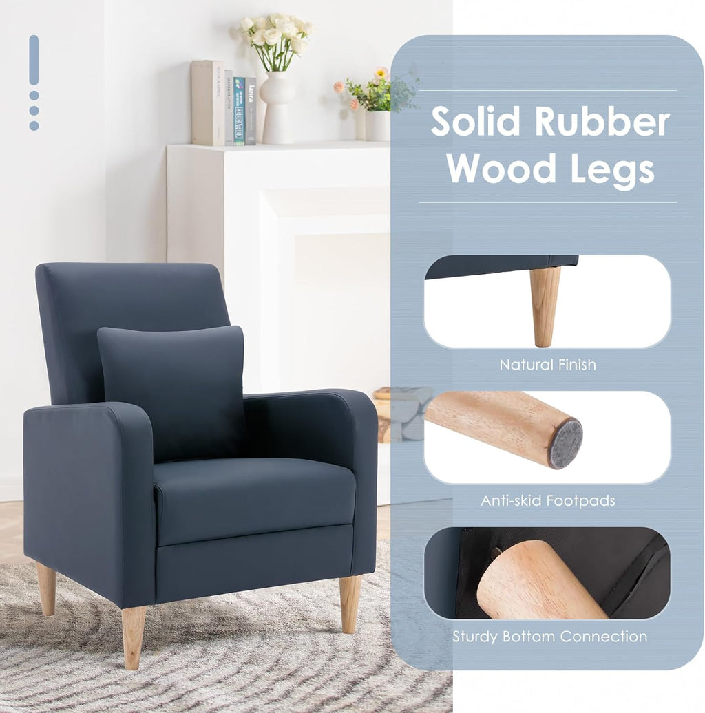 COLAMY Modern Upholstered Accent Chair Armchair with Pillow, PU Leather Reading Living Room Side Chair,Single Sofa with Lounge Seat and Wood Legs, L-Blue