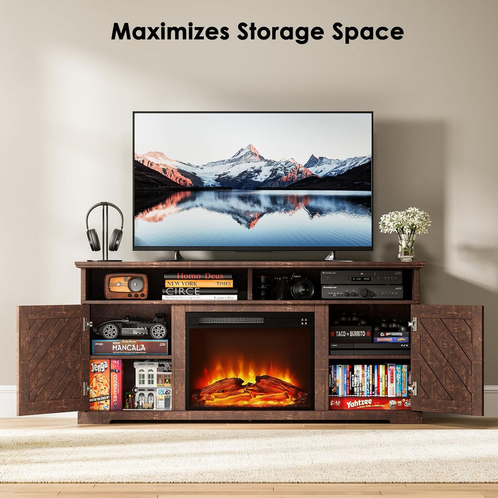 Marsail Fireplace TV Stand up to 70" TV with Storage, Farmhouse Entertainment Center with 23" Electric Fireplace, Adjustable Shelves, Remote Control & Cable Management, for Living Room, Brown