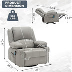 Leather Recliner Chair with Heat and Massage Cup Holder, Thickly Padded Overstuffed Rocking Glider Chair, Swivel Rocker Recliner Chair for Nursery, Grey