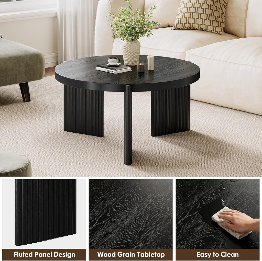 Luoxiao 27.5" Round Black Coffee Table for Living Room, Mid Century Modern Fluted Wood Center Table, Circular Sofa Table with Ribbed Base & Non-Slip Footpads for Small Space, Apartment, Easy Assembly
