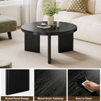 Luoxiao 27.5" Round Black Coffee Table for Living Room, Mid Century Modern Fluted Wood Center Table, Circular Sofa Table with Ribbed Base & Non-Slip Footpads for Small Space, Apartment, Easy Assembly