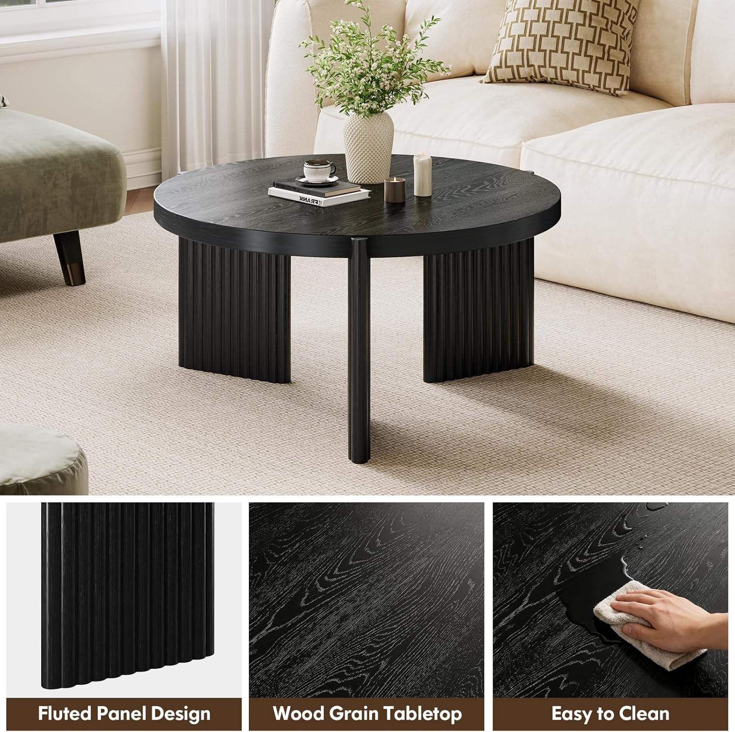 Luoxiao 27.5" Round Black Coffee Table for Living Room, Mid Century Modern Fluted Wood Center Table, Circular Sofa Table with Ribbed Base & Non-Slip Footpads for Small Space, Apartment, Easy Assembly