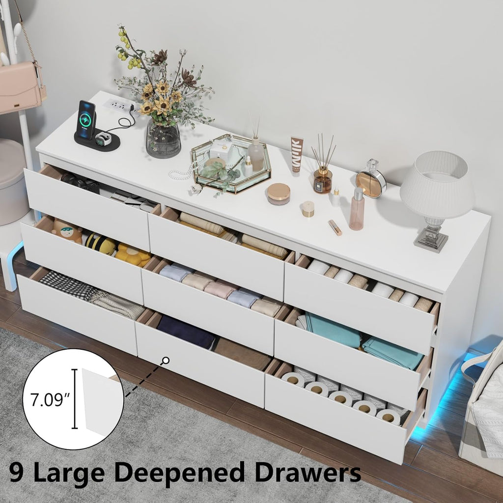 9 Drawer Dresser with Power Outlet, Floating White Dresser Chest of Drawer with LED Light,Modern Double Wide Drawer Organizer Cabinet for Bedroom,Living Room (9 Drawer-White)