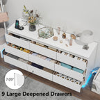 9 Drawer Dresser with Power Outlet, Floating White Dresser Chest of Drawer with LED Light,Modern Double Wide Drawer Organizer Cabinet for Bedroom,Living Room (9 Drawer-White)