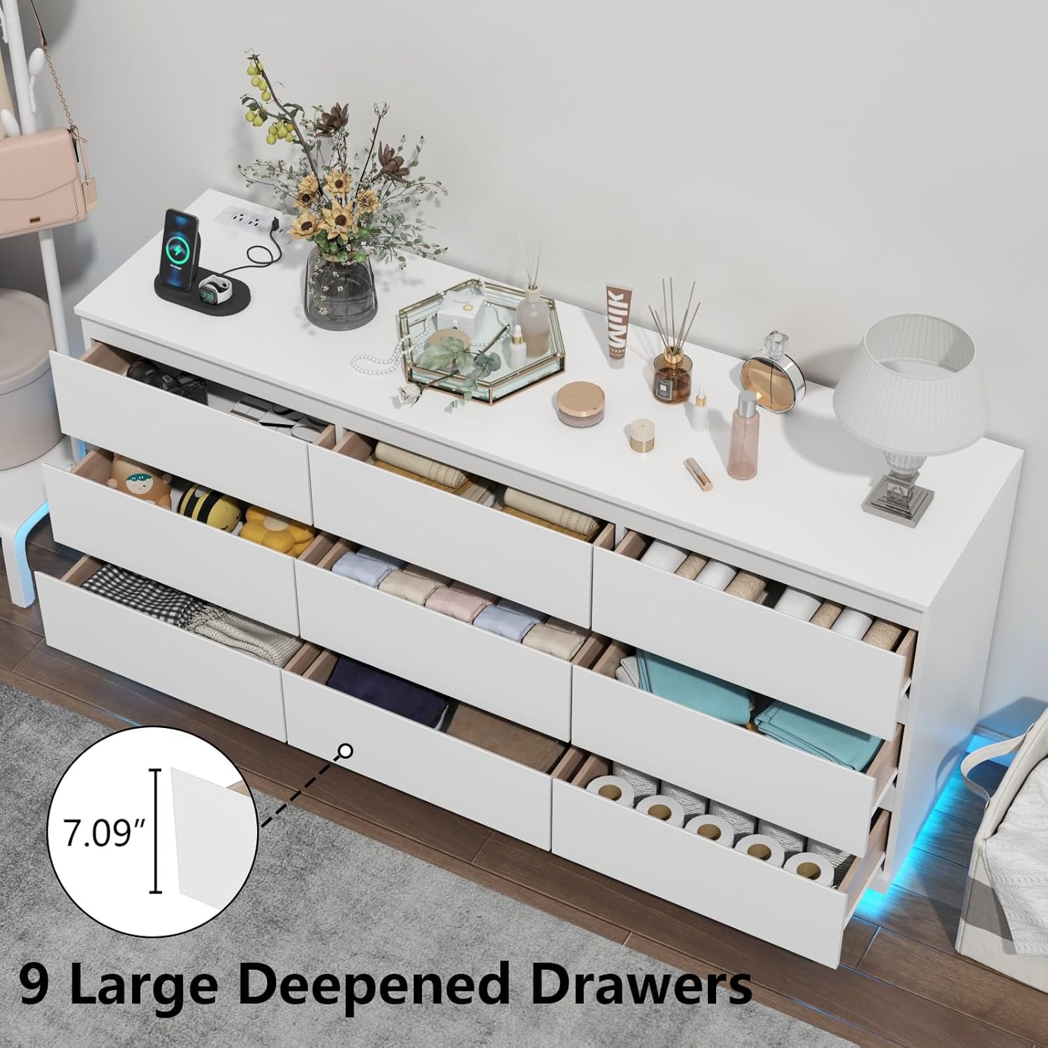 9 Drawer Dresser with Power Outlet, Floating White Dresser Chest of Drawer with LED Light,Modern Double Wide Drawer Organizer Cabinet for Bedroom,Living Room (9 Drawer-White)