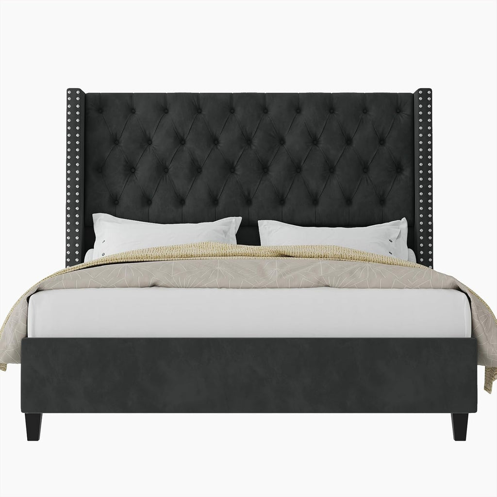 Jocisland Queen Size Bed Frame with 51.6” Wingback Tufted Velvet Headboard, Modern Upholstered Platform Bed, No Box Spring Needed, Easy Assembly, Black