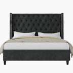 Jocisland Queen Size Bed Frame with 51.6” Wingback Tufted Velvet Headboard, Modern Upholstered Platform Bed, No Box Spring Needed, Easy Assembly, Black