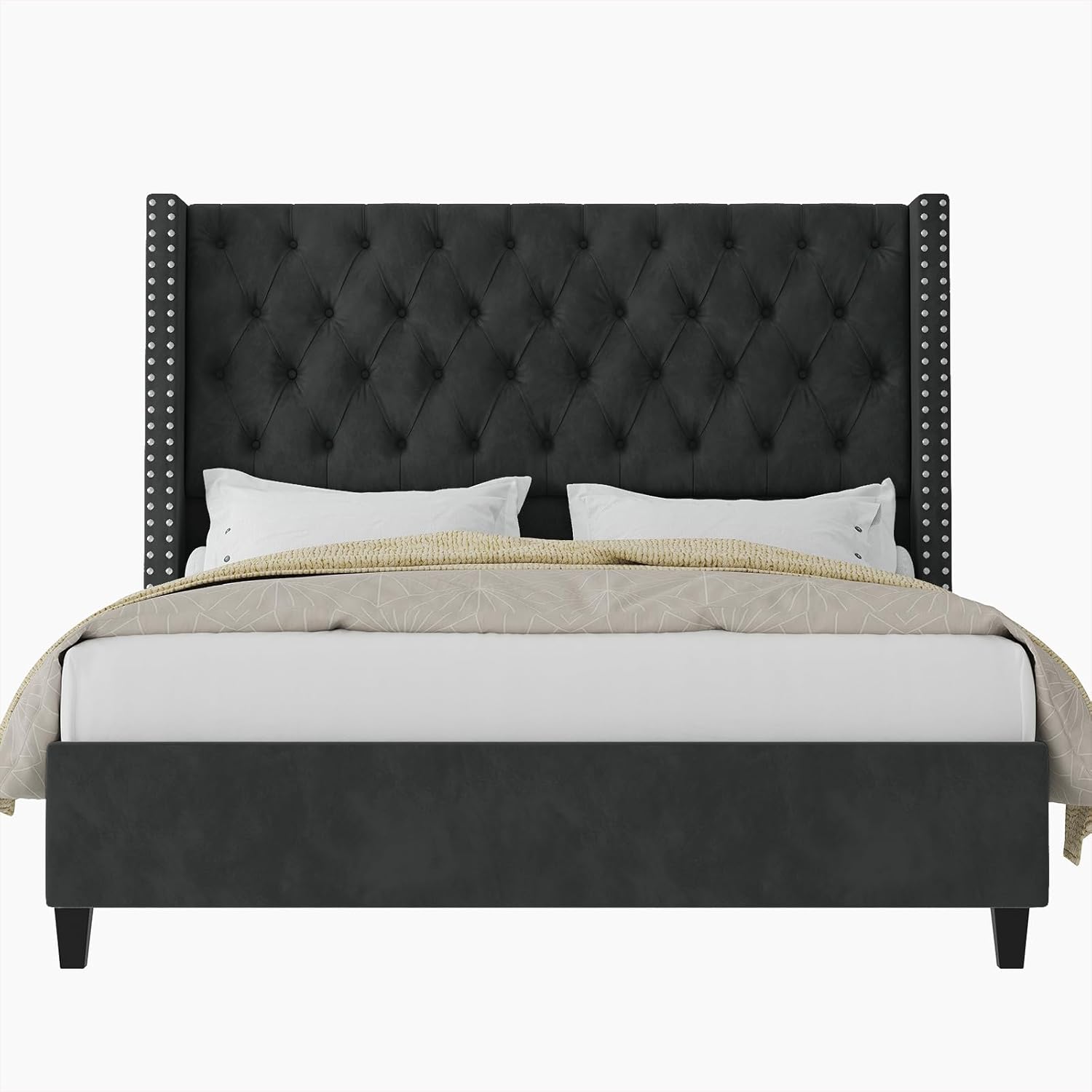 Jocisland Queen Size Bed Frame with 51.6” Wingback Tufted Velvet Headboard, Modern Upholstered Platform Bed, No Box Spring Needed, Easy Assembly, Black