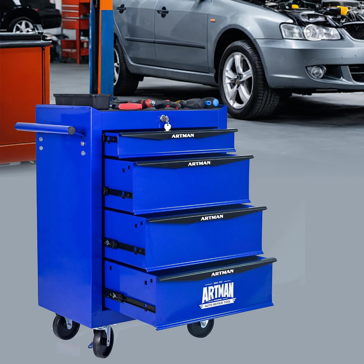 RYH 4 Drawers Rolling Tool Chest - 13" D x 20.9" W x 30.5" H Heavy Duty Mobile Tool Cart with Locking Wheels & Ball Bearing Drawers, Garage Tool Storage Cabinet (Blue, 4 Drawers)