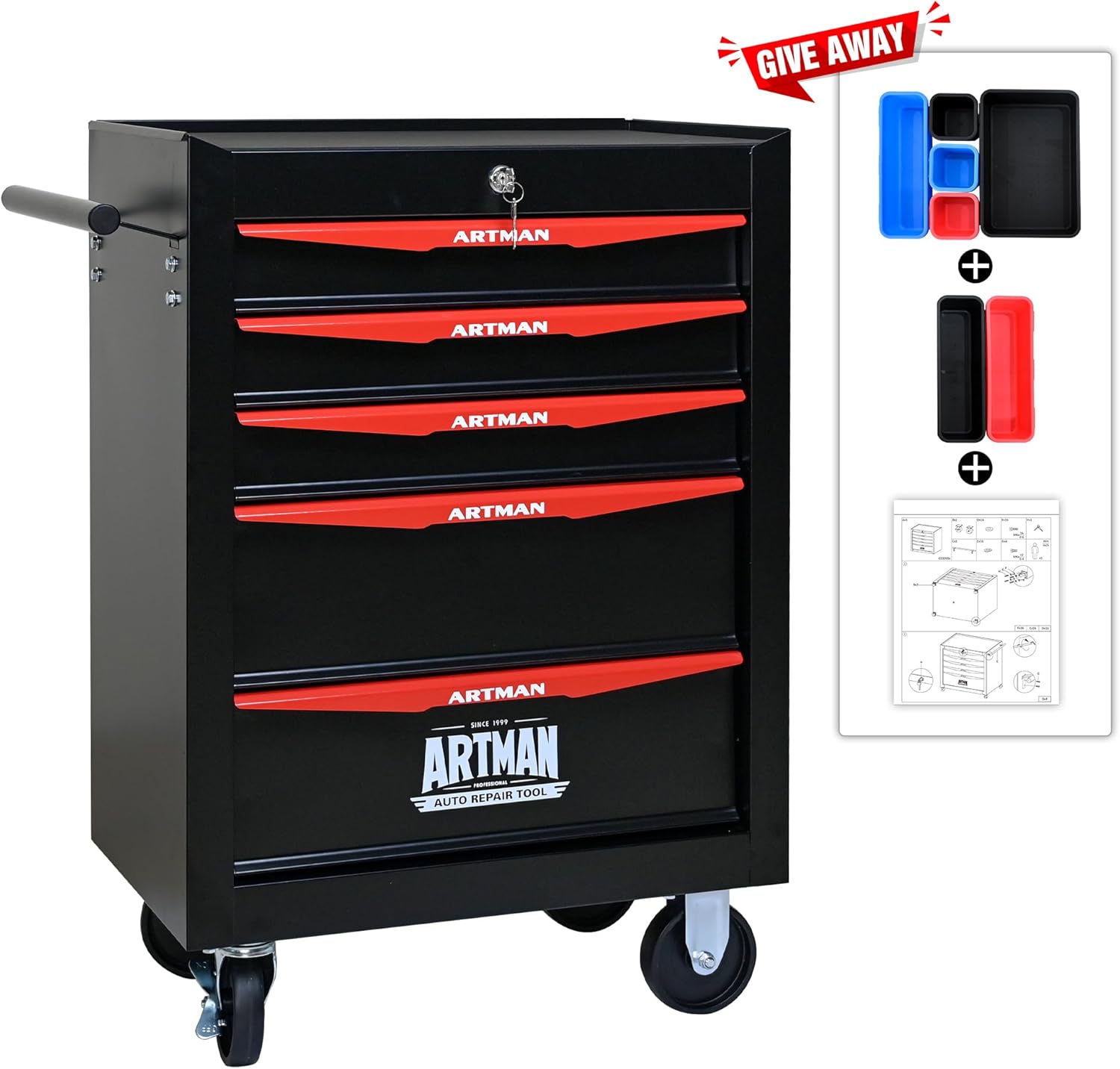 RYH 5 Drawers Rolling Tool Chest - Heavy Duty Mobile Tool Cart with Locking Wheels & Ball Bearing Drawers 30.5" H x 20.9" W x 13" D, Garage Tool Storage Cabinet (Black, 5 Drawers)