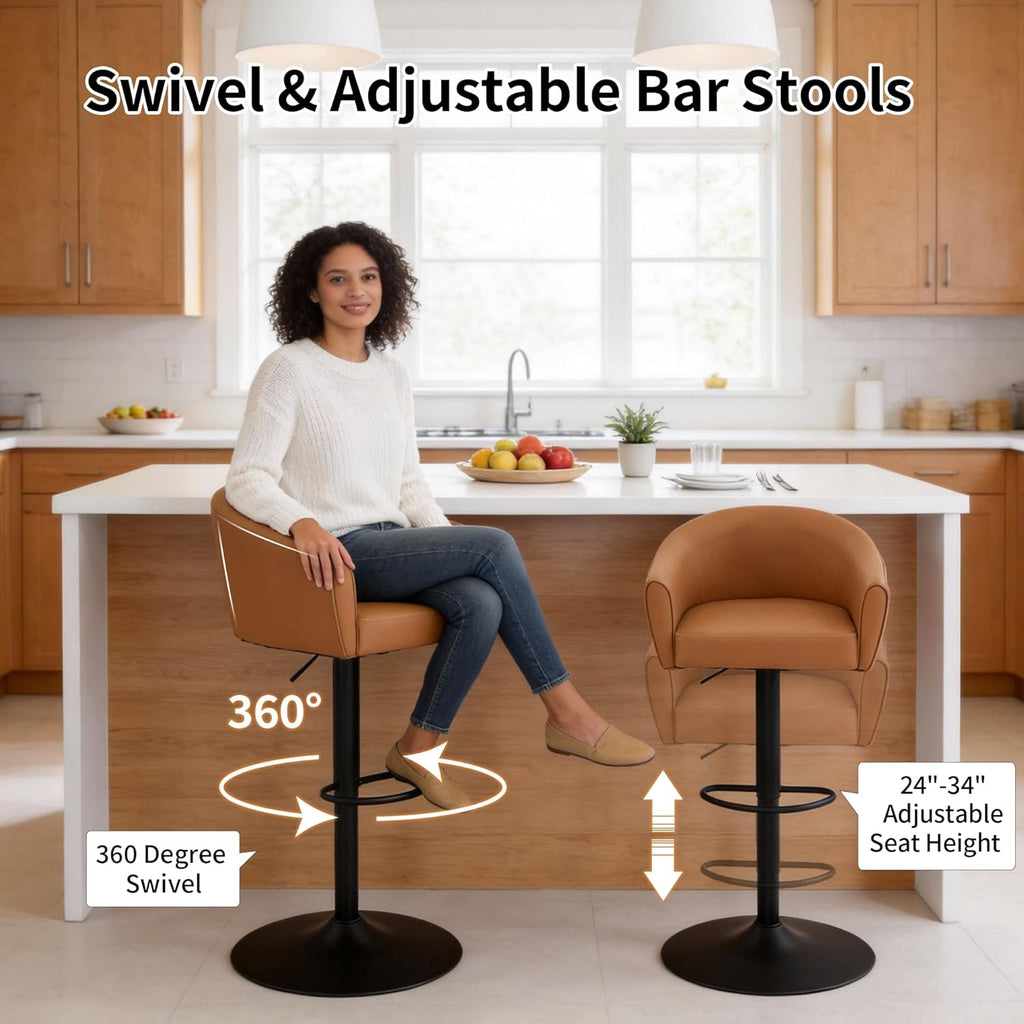Bar Stools Set of 4, Swivel Counter Height Barstools with Back and Arms, Adjustable Faux Leather Bar Chair, Upholstered Island Stool for Bar, Kitchen, Counter (Caramel Brown, Set of 4)