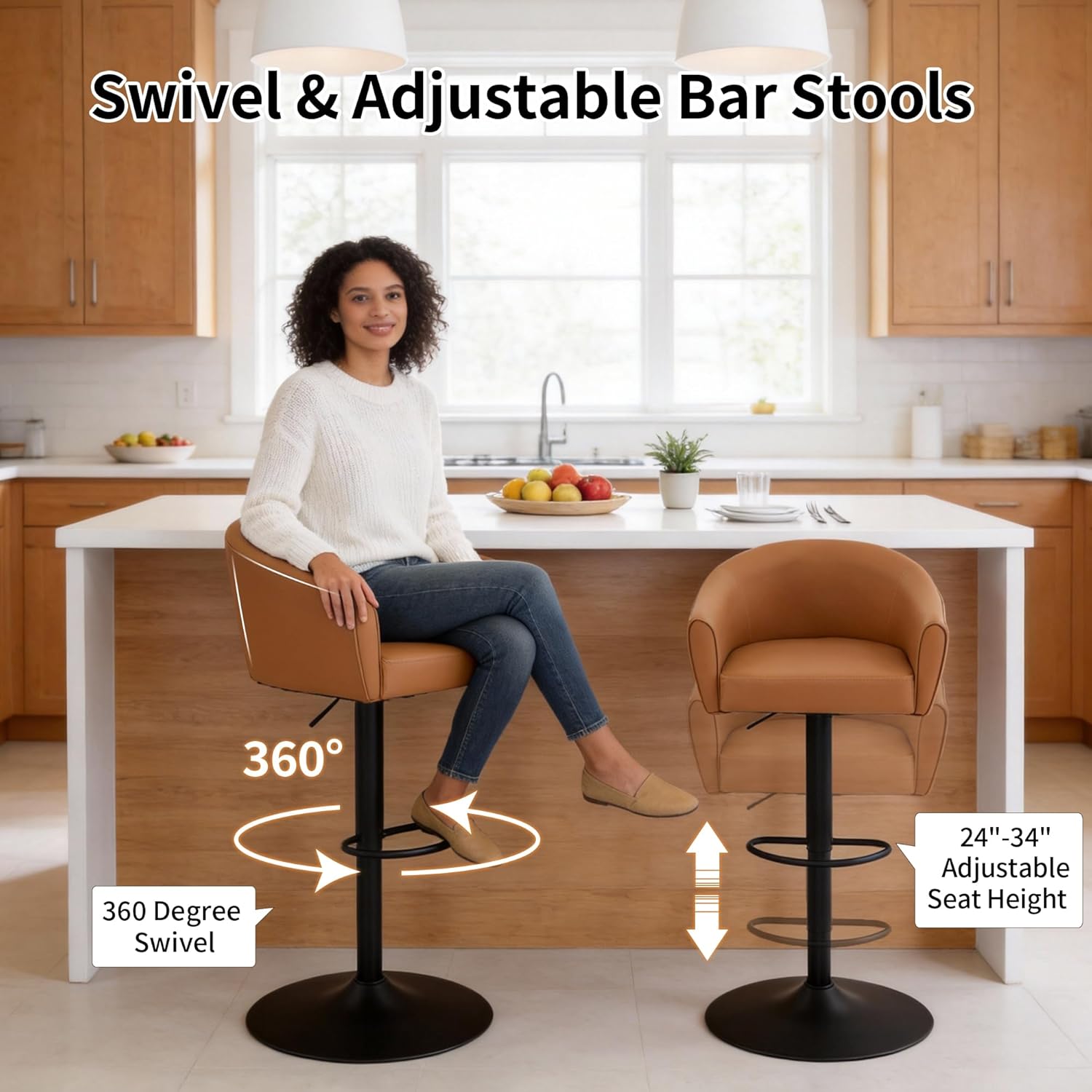 Bar Stools Set of 4, Swivel Counter Height Barstools with Back and Arms, Adjustable Faux Leather Bar Chair, Upholstered Island Stool for Bar, Kitchen, Counter (Caramel Brown, Set of 4)
