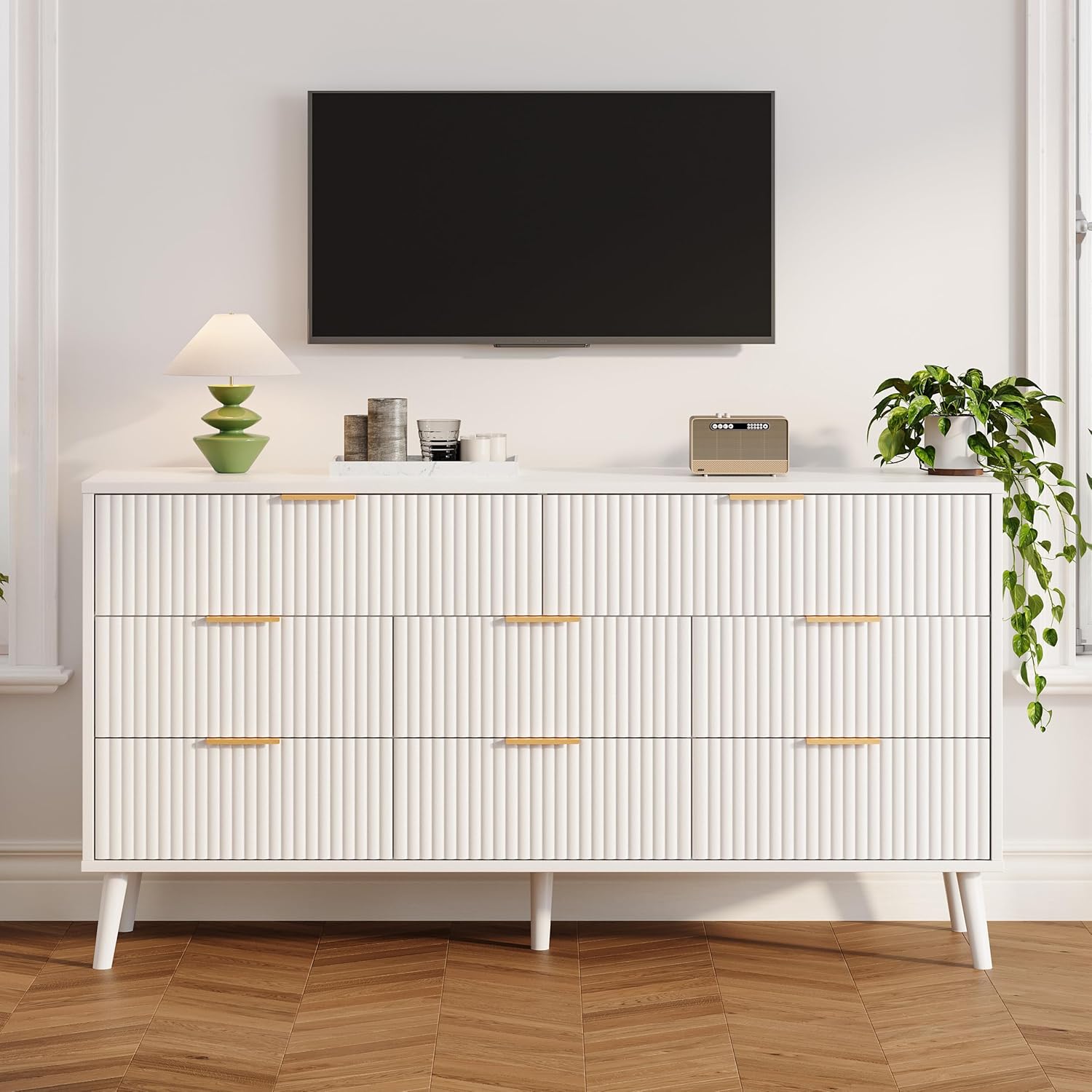 Fluted Dresser for Bedroom with 8 Drawers, Wooden Dresser with Metal Handle, Modern Storage Organizer for Bedroom, Wood Closet for Hallway, Living Room,White BDR104W