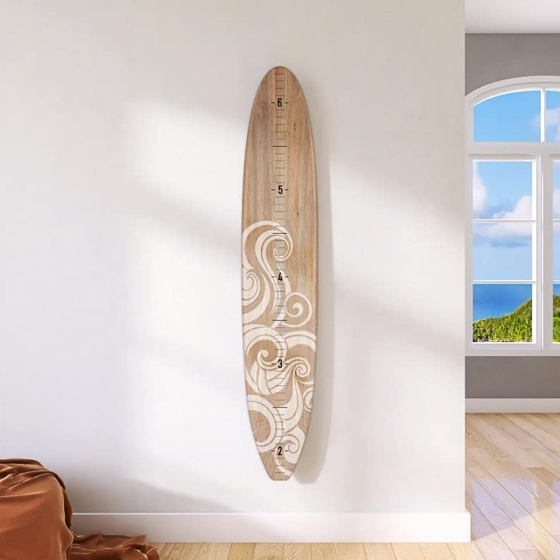 HEADWATERS STUDIO Personalized Wooden Surfboard Growth Chart for Wall, Surfboard Wall Decor, Surfboard Wall Art, Surf Decor, Surfboard Height Chart, Wood Surfboard Decor - Seaside (Shorty & Regular)