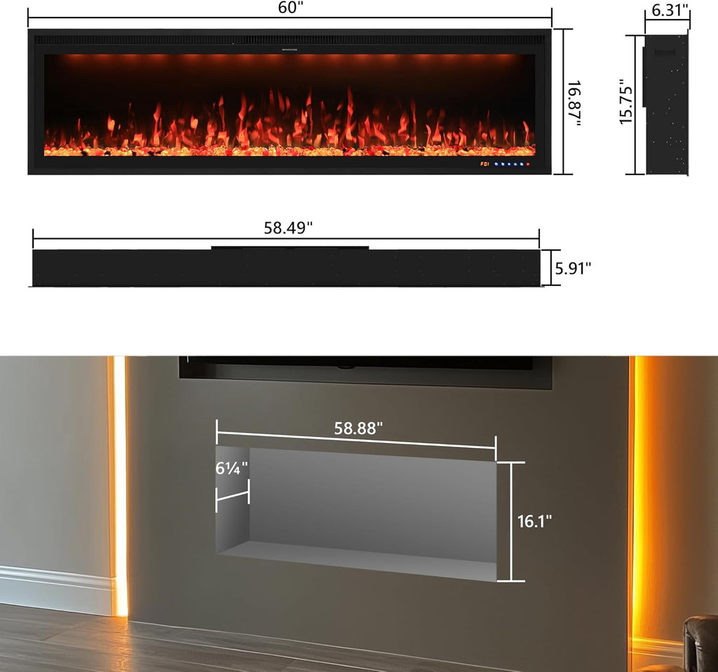 Valuxhome 60inch Recessed Electric Fireplace, Ultra Narrow Frame Design, 13 Flame Colors, 400 Sq.ft, 750/1500W