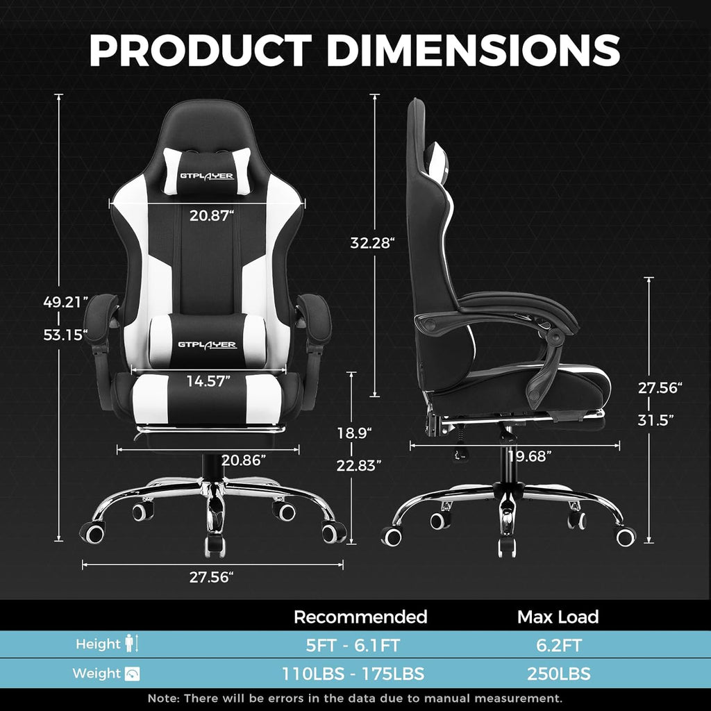 GTPLAYER Gaming Chair, Computer Chair with Footrest and Lumbar Support, Height Adjustable Game Chair with 360°-Swivel Seat and Headrest and for Office or Gaming (Fabric, Black White)