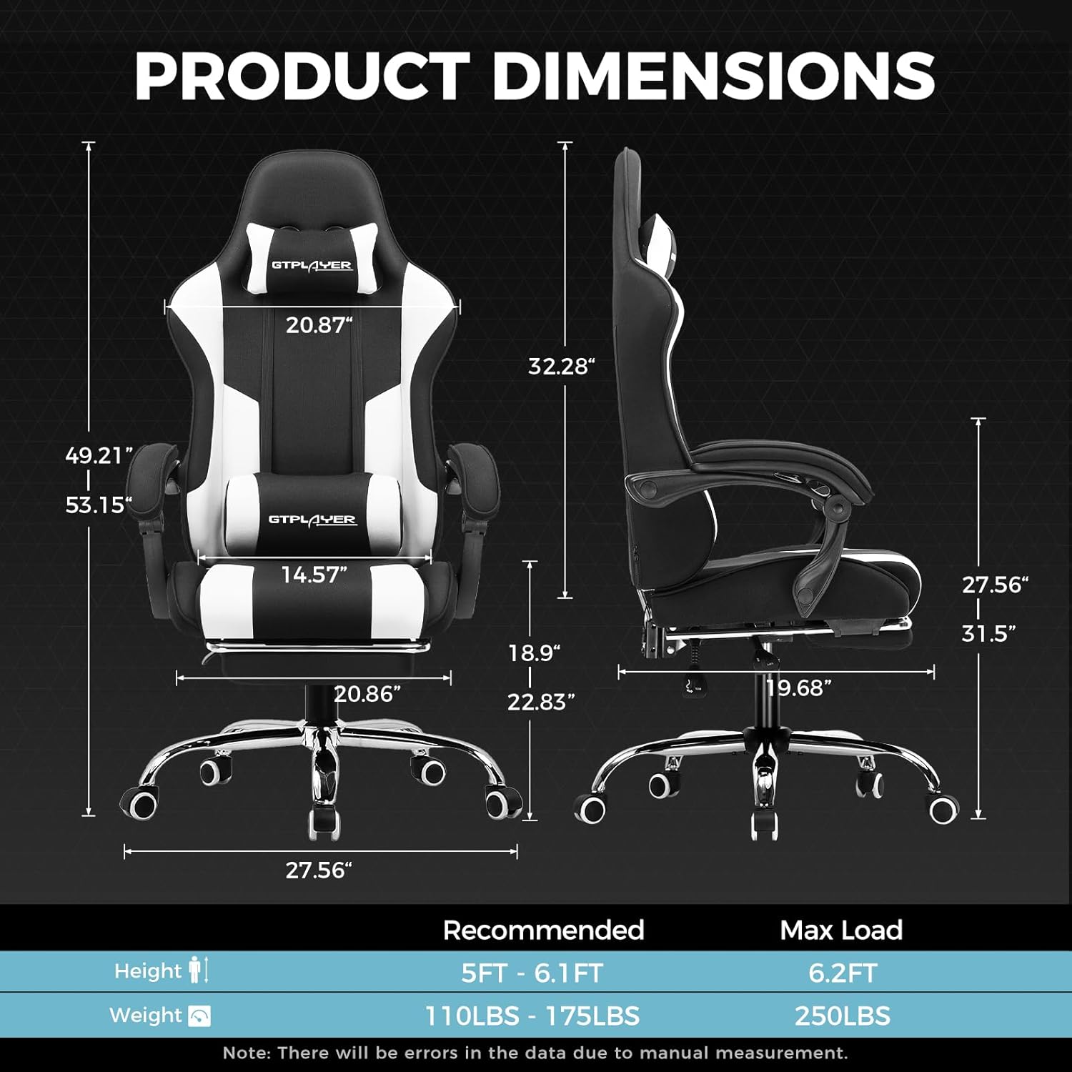 GTPLAYER Gaming Chair, Computer Chair with Footrest and Lumbar Support, Height Adjustable Game Chair with 360°-Swivel Seat and Headrest and for Office or Gaming (Fabric, Black White)