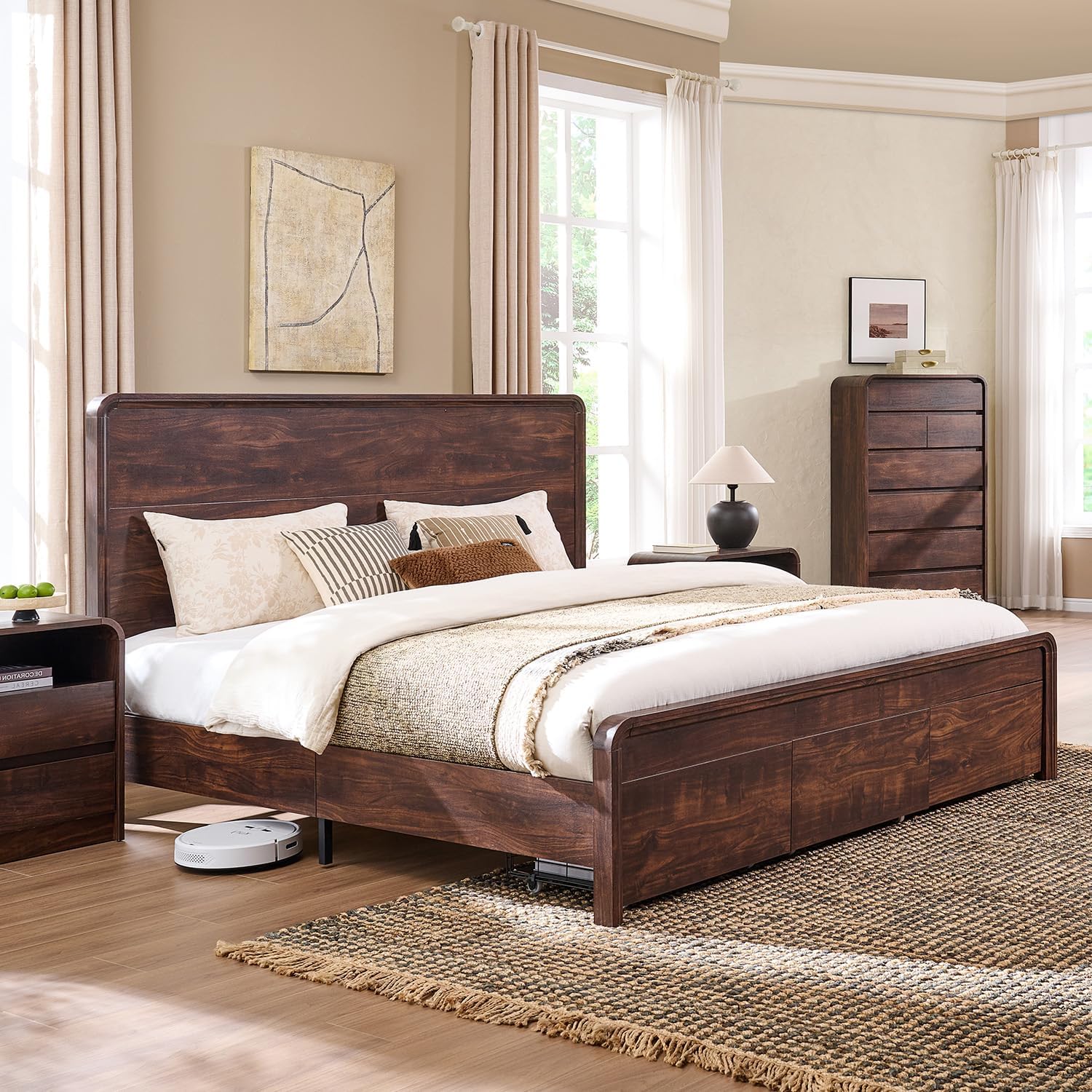 Modern King Size Bed Frame with 50" Tall Headboard, Wood King Size Platform Bed Frame w/3 Storage Drawers, Curved Profile Design, No Box Spring Needed, Easy Assembly, Noise Free, Dark Walnut