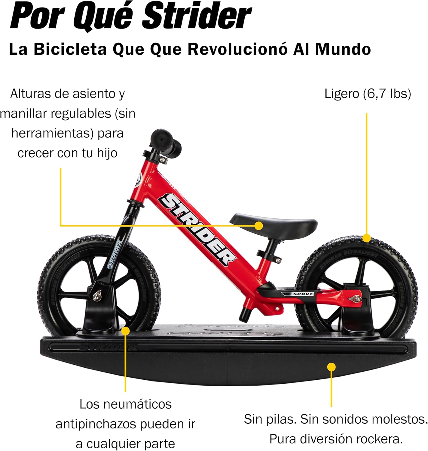 Strider 12” + Rocking Base - Helps Teach Baby How to Ride a Balance Bicycle - for Kids 6 Months to 4 Years - Easy Assembly & Adjustments