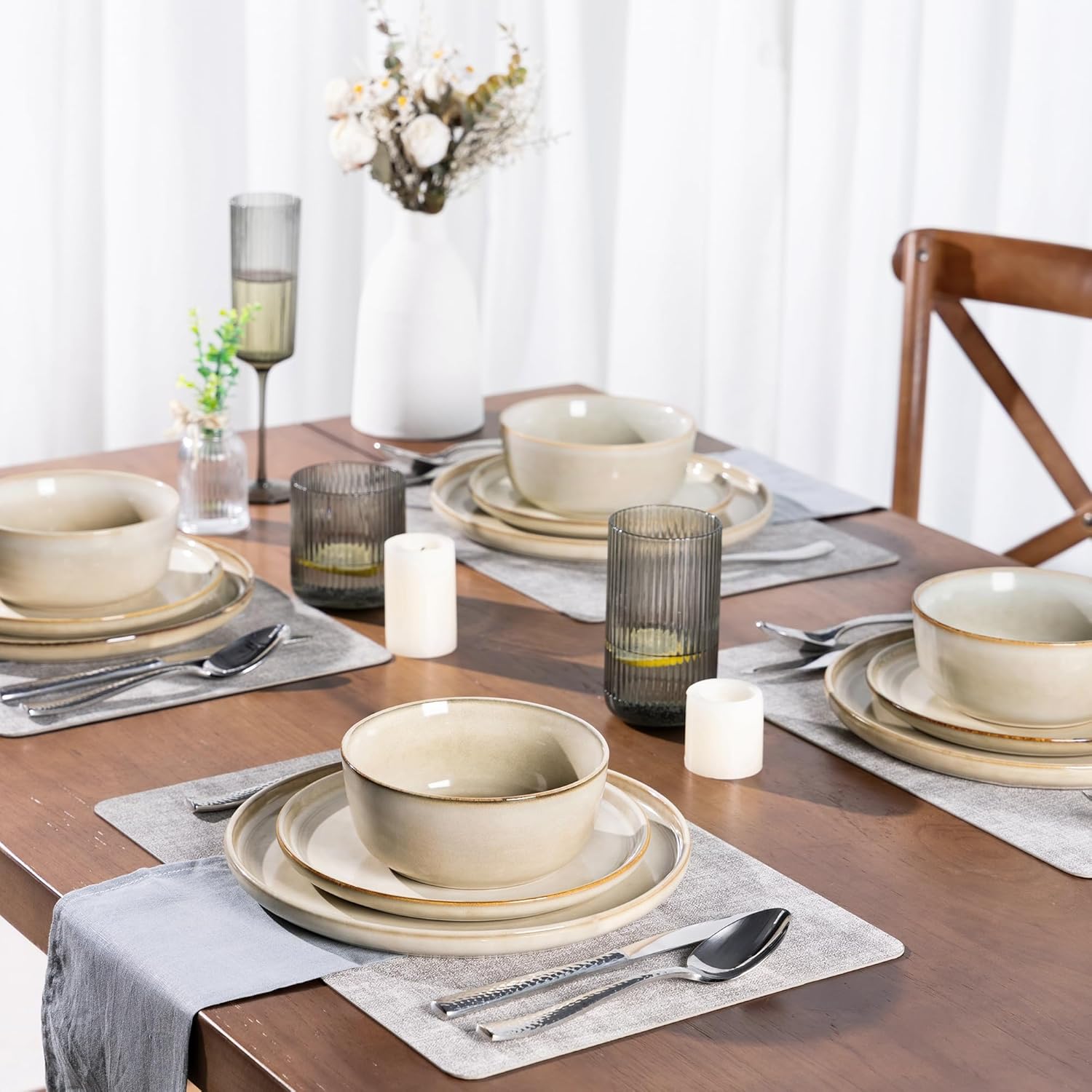GBHOME 24 Pieces Double Bowls Ceramic Dinnerware Sets for 6, Stoneware Plates and Bowls Set with Reactive Glaze, Scratch Resistant Stoneware Dishes Set, Dishwasher & Microwave Safe