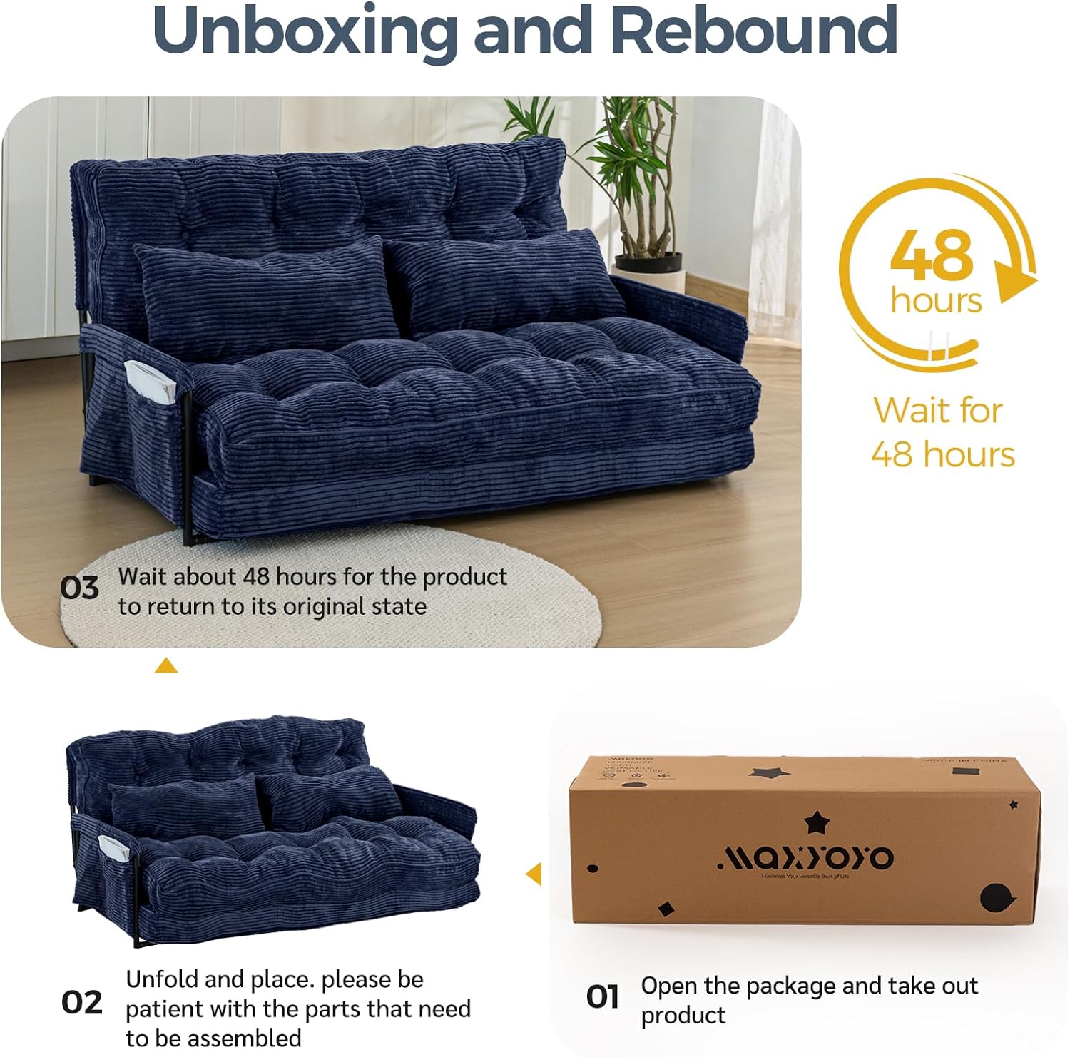 MAXYOYO Adjustable Floor Sofa Couch with 2 Pillows, Multi-Functional Bean Bag Bed, 5-Position Foldable Lazy Sofa Sleeper Bed with Armrest, Versatile Floor Seating for Reading, Navy, Double