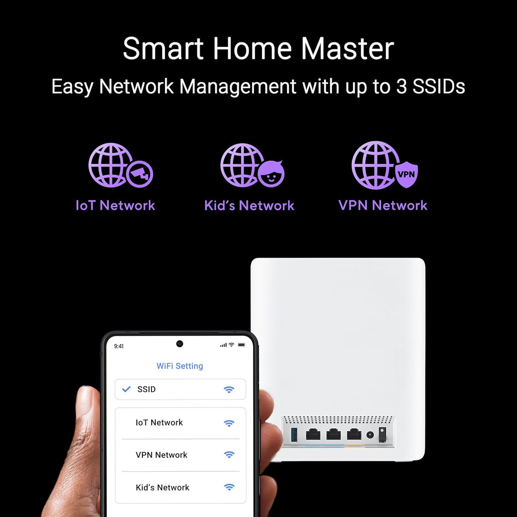 ASUS ZenWiFi BT10 Tri-Band WiFi 7 Mesh  18 Gbps  3000 sq.ft (1pk)  Dual 10G Ports  Security and Parental Controls Included  Smart Home Master SSIDs  4G & 5G Mobile Tethering