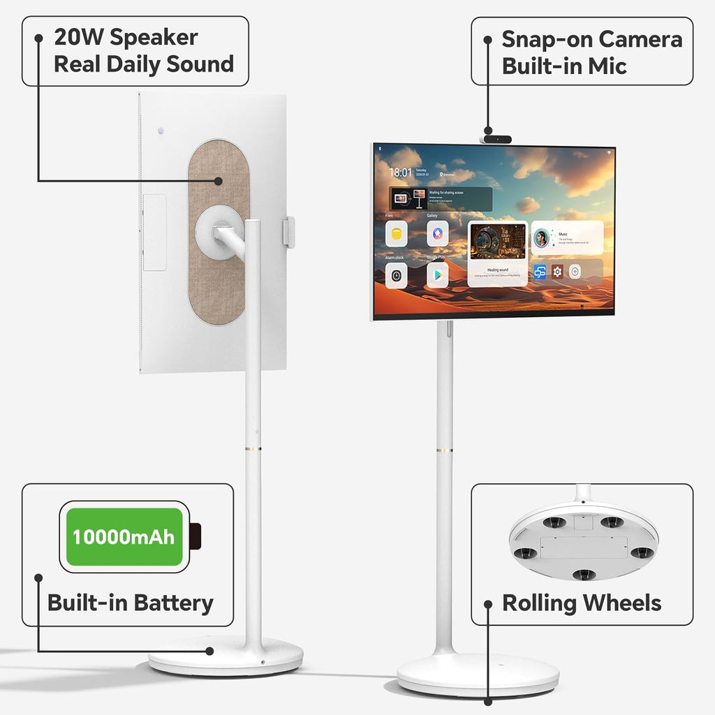 32" 2K Smart Portable TV  Rolling Android Tablet on Wheels  Touchscreen Monitor  Rechargeable Battery  Full Swivel Rotation  20W Audio Snap-on Camera