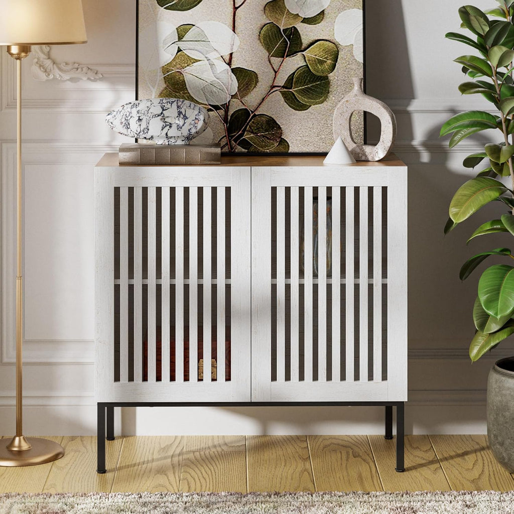 BVIUNTWO 31.5" Farmhouse Buffet Cabinet with Metal Base, Adjustable Shelf & 2 Doors, Antique White Storage Sideboard for Kitchen, Dining & Living Room