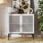 BVIUNTWO 31.5" Farmhouse Buffet Cabinet with Metal Base, Adjustable Shelf & 2 Doors, Antique White Storage Sideboard for Kitchen, Dining & Living Room