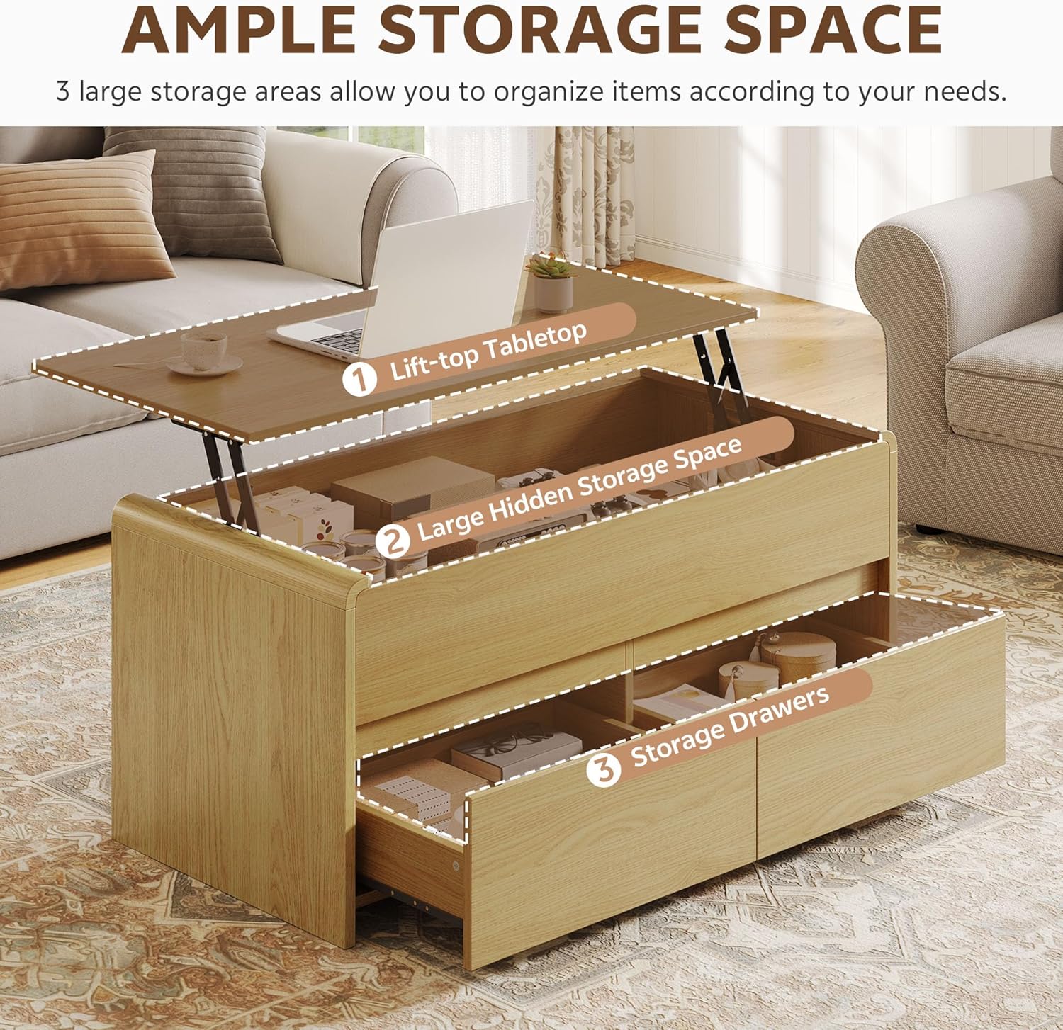 Coffee Table Lift Top with 2 Drawers, 40 Inch Multi-Function Coffee Table with Hidden Compartment, Curved Profile Design, Converts to Home Office Table for Living Room, Natural