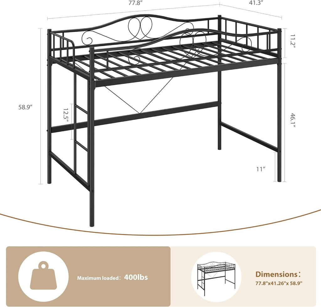 IDEALHOUSE Loft Bed Twin Size with Ladder & Full Safety Guardrail, Heavy Duty Metal Twin Loft Bed 400 Lbs Load Capacity, Space-Saving, Noise Free, No Box Spring Needed, Easy Assembly, Black