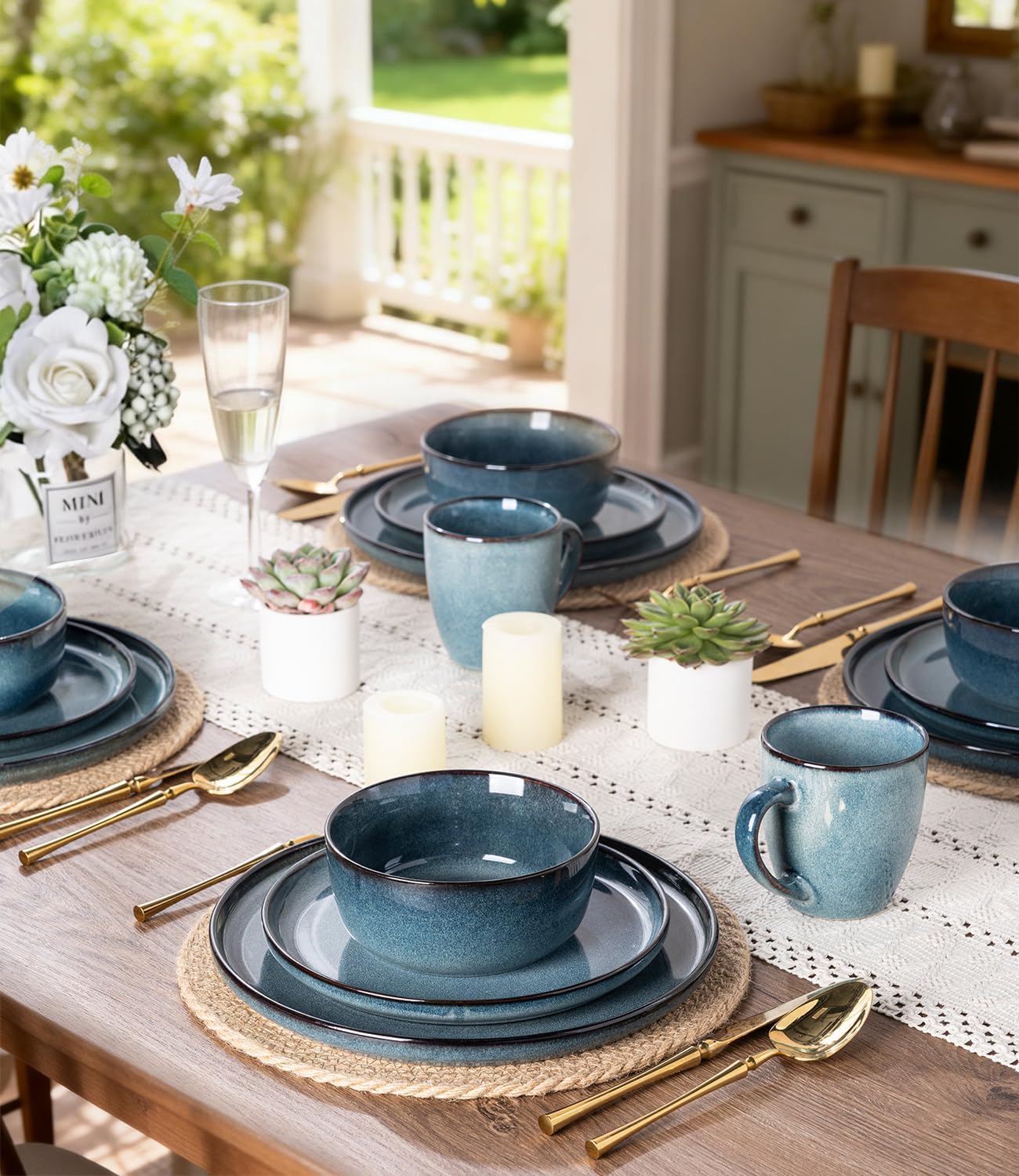 GBHOME Dinnerware Sets for 4, 12 Pieces Stoneware Plates and Bowls Sets, Scratch Resistant Ceramic Dishes, Dishwasher & Microwave Safe, Reactive Glaze-Blue Horizon