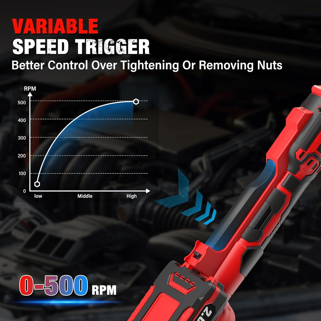 20V Cordless Ratchet Wrench 3/8" Set, 88 Ft-lbs(120N.m), 500 RPM, Electric Ratchet Wrench with 2PCS 2000mAh Batteries, Variable Speed, LED Light, 5 Sockets, 1/2" Adapter, 3" Extension Bar