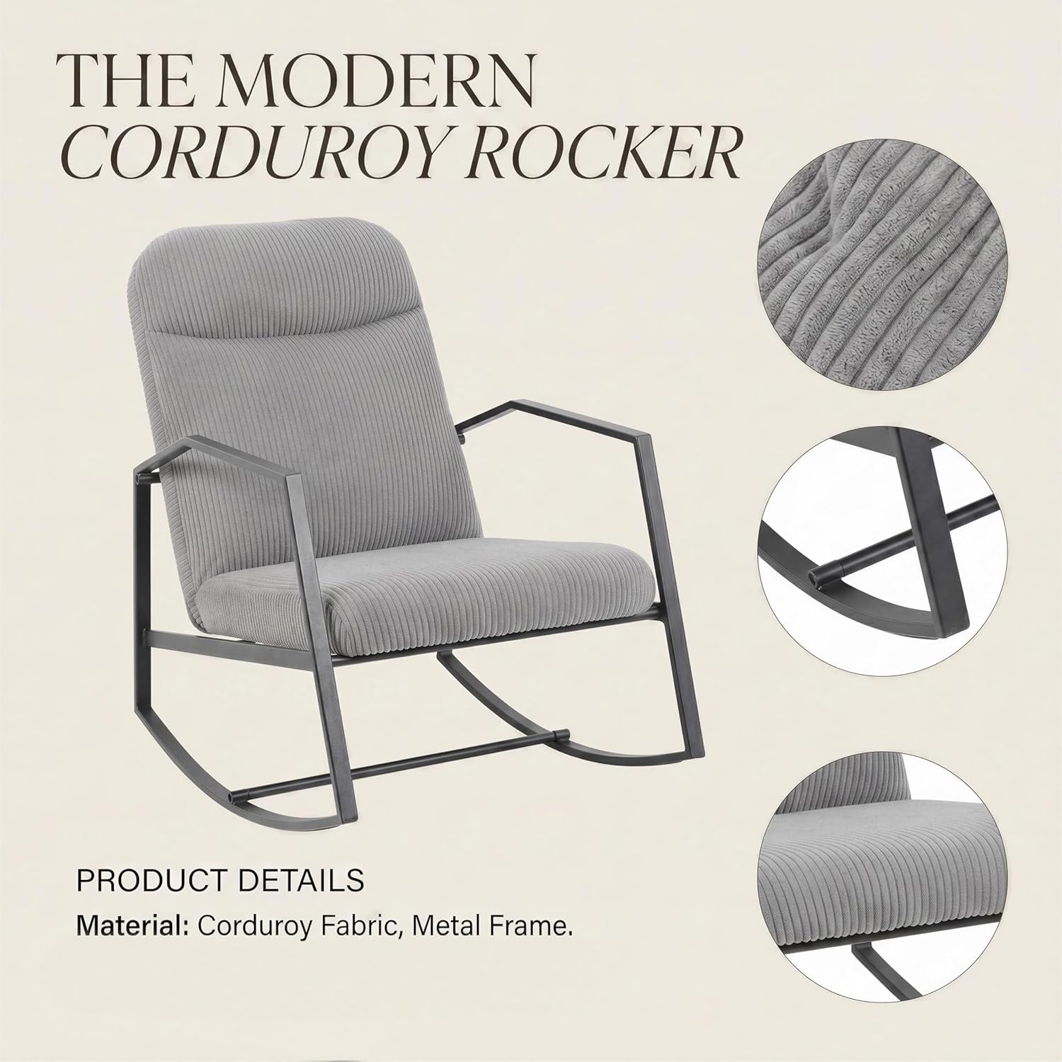 Kinfant Mid Century Modern Rocking Chair, Corduroy Upholstered Accent Chair with Metal Frame, High Back Nursery Glider Rocker, Comfy Reading Lounge Chair for Living Room Bedroom Small Space (Grey)
