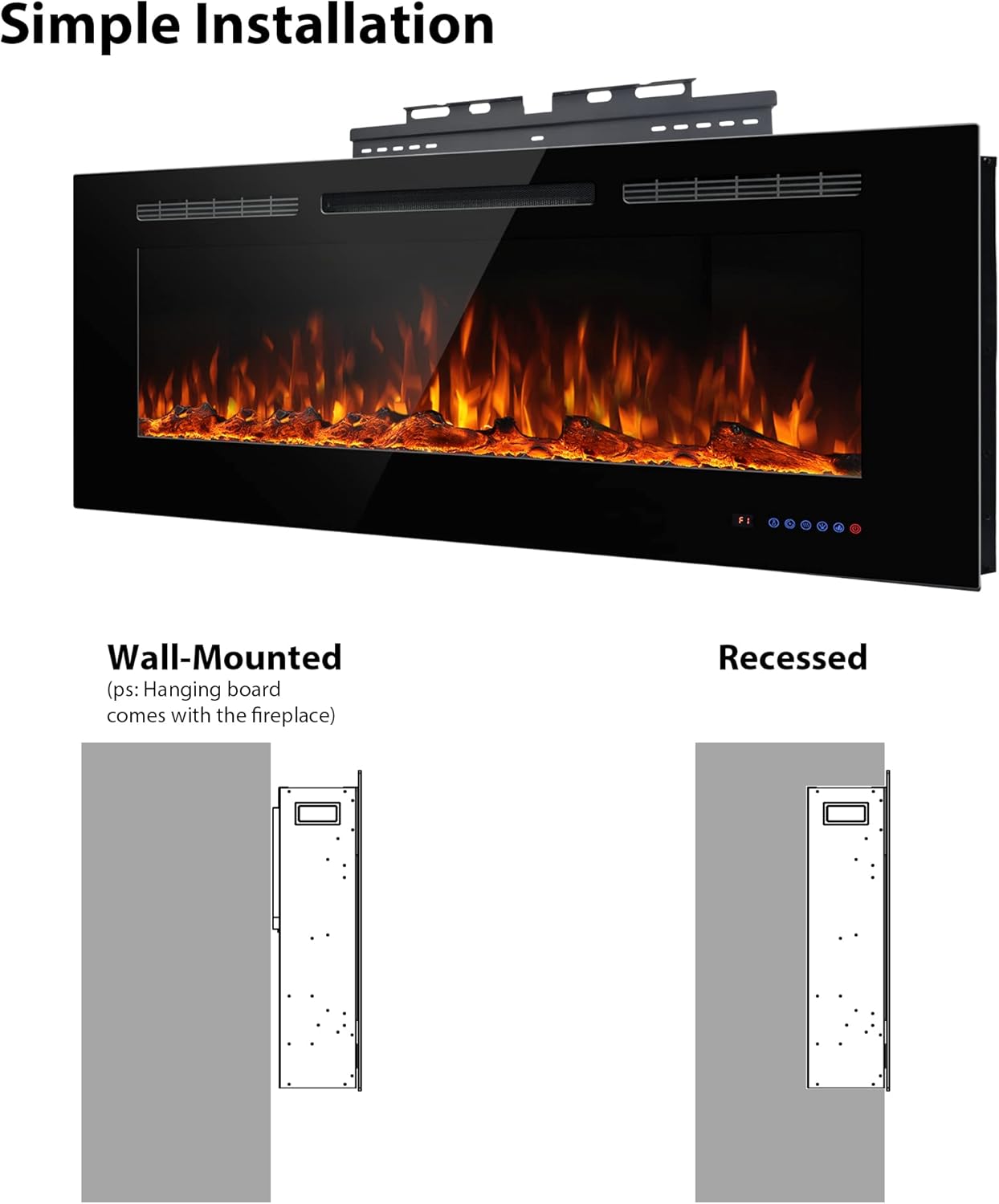 Electric Fireplace 40 inch Wide 26.5" High, Wall-Mounted & Recessed Fireplace Inserts, Multicolor Flame w/5 Dimmer, Remote Control Thermostat, Timer, Hardwire Connect, 1500W,Black