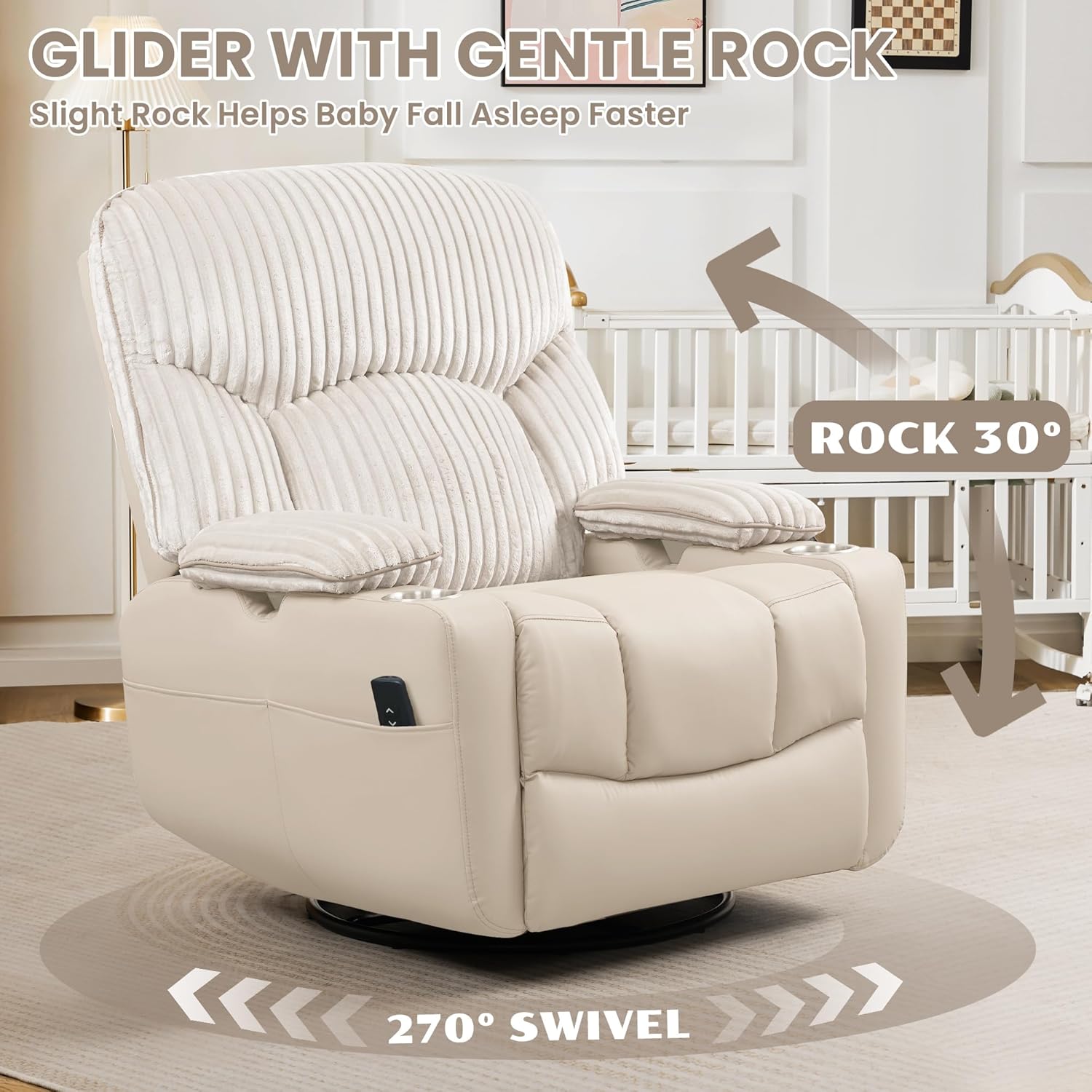 GRAINELL Rocking Chair Nursery, Electric Swivel Recliner Glider with Adjustable Armrests, Nursing Chair with USB Charger, Cup & Blanket Holders, Beige Corduroy & PU Leather