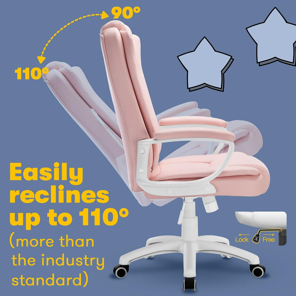 OFIKA Home Office Chair, Ergonomic Desk Chair, Adjustable Task Chair for Lumbar Back Support, Computer Chair with Rolling Swivel and Armrest, Modern Executive High Back Leather Chairs (Pink)