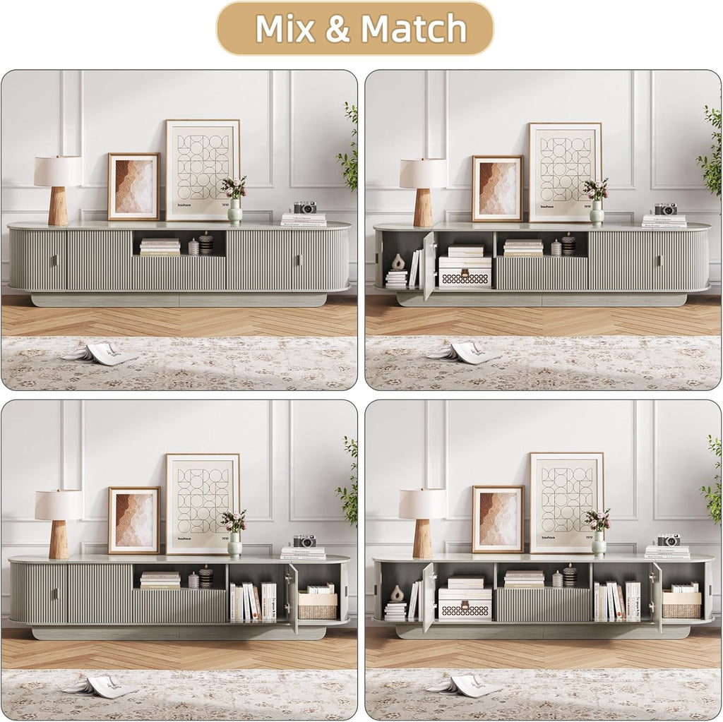 86.61'' Tambour TV Stand for 55-85 Inch, Entertainment Center with Large Storage Cabinet and Sliding Door,Curved Profile Design Media Console with Open Shelves for Living Room, Bedroom, Office, Grey