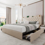 Upholstered King Size Bed Frame with 4 Storage Drawers, Modern Platform Bed with Wingback Headboard, Charging Station, No Box Spring Needed, Beige